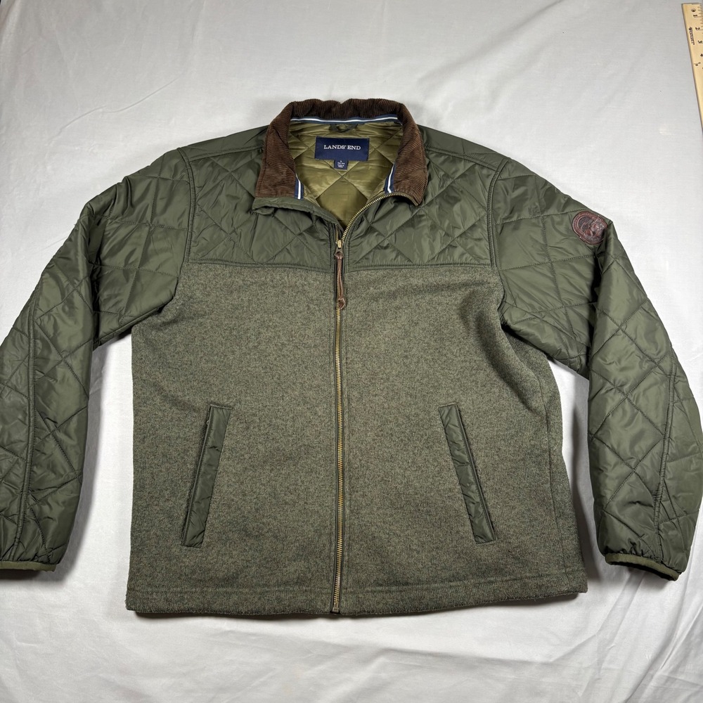 Lands End Primaloft Hybrid Quilted Jacket Mens Large Olive Green Corduroy Trim